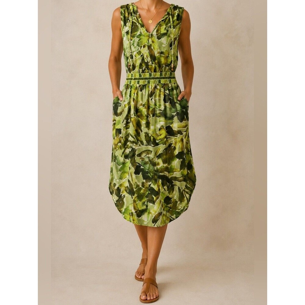 Democracy Green Tropical Leaf Print Sleeveless Midi Dress| Lightweight W/ Pocket